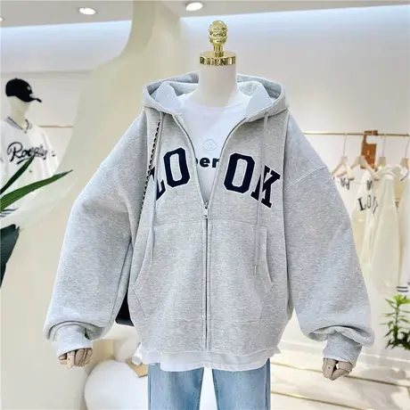 灰色连帽卫衣女加绒加厚2022秋冬新款字母刺绣宽松慵懒风开衫外套商品大图
