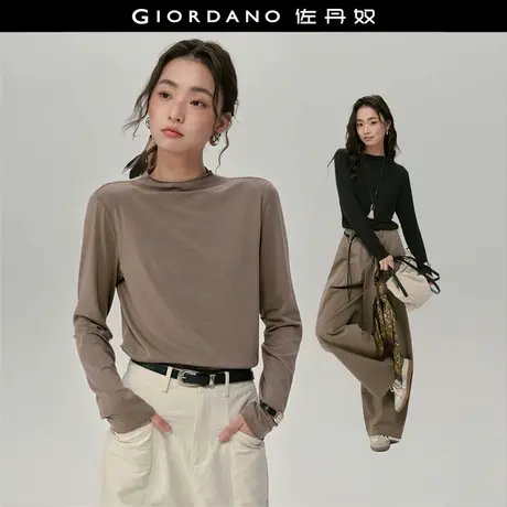 设计师款佐丹奴长袖T恤女新款舒芙蕾柔软卷边半高领上衣18325617商品大图