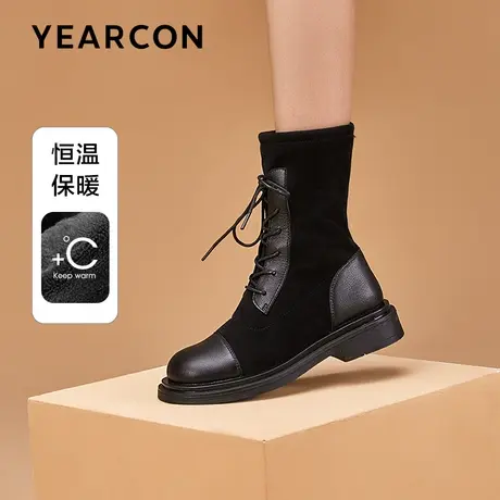 意尔康加绒真皮马丁靴女2023冬季时尚百搭英伦风短靴平底瘦瘦靴子图片