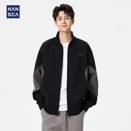 hansca300g重磅撞色拼接高领卫衣外套男2025秋季新款字母刺绣上衣图片