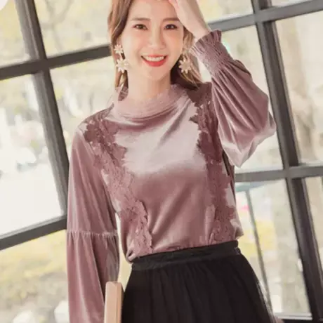 桔熊秋冬季浪漫温柔风丝绒衫蕾丝立领上衣女装胖妹妹大码AB14416图片