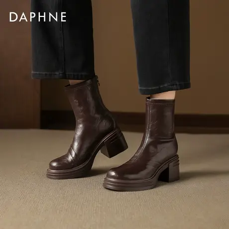 达芙妮厚底马丁靴女2025新款秋冬弹力瘦瘦靴小个子粗跟高跟鞋短靴图片