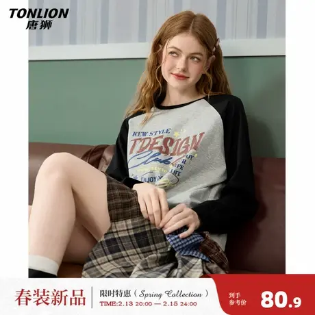 唐狮2026春季女印花长袖T恤插肩袖休闲百搭宽松舒适高级感长袖T商品大图