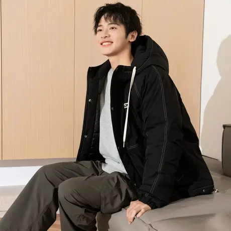 唐狮冬季新款男士棉衣保暖防寒短款棉服潮流连帽黑色工装外套TD商品大图