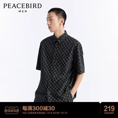 太平鸟男装 老花满印黑色衬衫男2023年夏季新款潮流宽松短袖衬衣图片