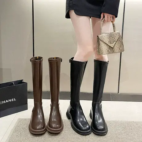 永希长筒靴女2023年春秋季新款高级漆皮法式瘦瘦靴粗跟高筒骑士靴图片