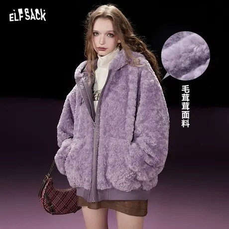 妖精的口袋拼接连帽厚外套女2023冬季新款小个子学院风毛茸茸上衣图片