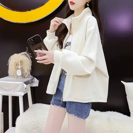 加绒加厚立领卫衣开衫外套女2023新款秋冬宽松休闲百搭慵懒风上衣商品大图