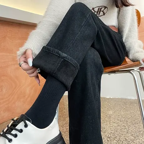 蓝色烟管牛仔裤女秋冬2023新款高腰加绒加厚小个子九分法棍直筒裤商品大图