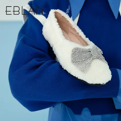 伊伴女鞋春季新品时尚毛毛鞋蝴蝶结装饰舒适平底鞋保暖外穿单鞋女商品大图