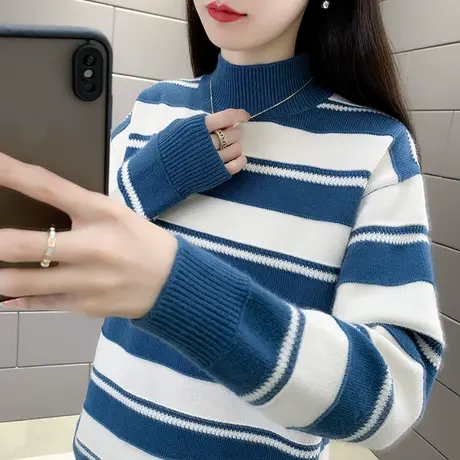 半高领毛衣女秋冬加厚打底衫2023年新款条纹针织衫宽松韩版女内搭商品大图