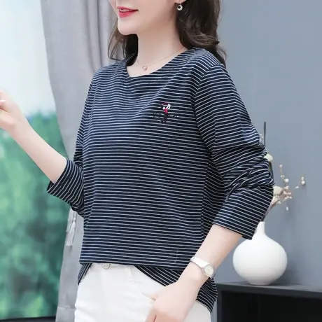 恋上17号条纹纯棉长袖t恤女春秋打底衫百搭大码衣服内搭短款洋气图片