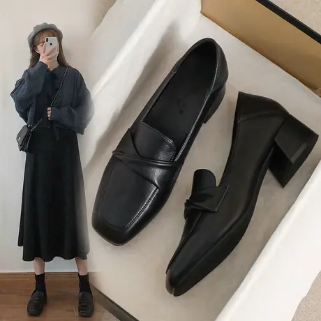 真皮小皮鞋女英伦风2023年春夏季高跟豆豆软底粗跟工作舒适单鞋子商品大图
