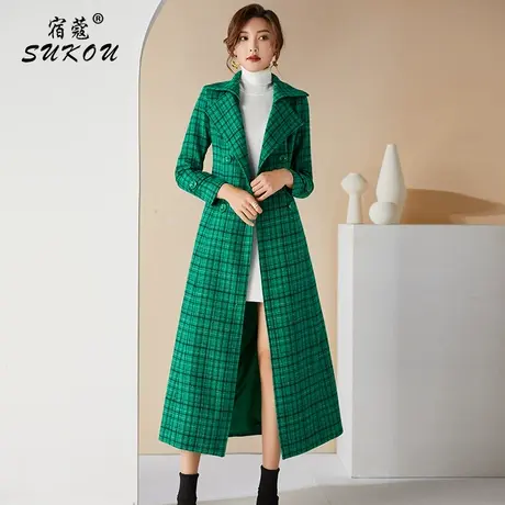时尚绿色格子毛呢大衣女冬季加厚女长款2024春秋新款保暖修身外套商品大图