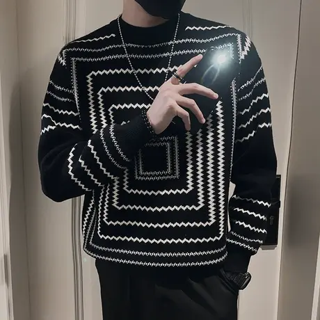 冬季男毛衣针织衫线衣修身套头个性潮流圆领时尚加厚波浪条纹体恤商品大图