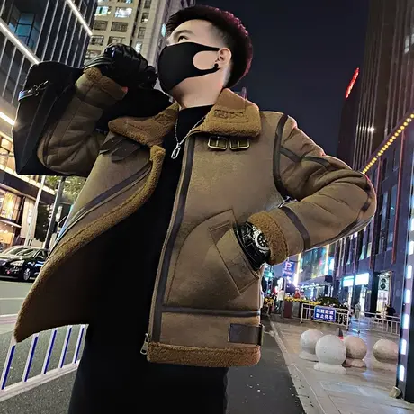 重磅皮毛一体机车服轻熟棉服外套冬季新款翻领加厚羊羔毛棉衣夹克图片