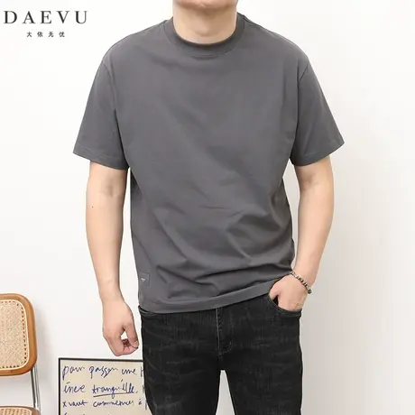 DAEVU夏新款碳灰日系棉感纯色潮胖大号加肥加大码圆领男士短袖t恤商品大图