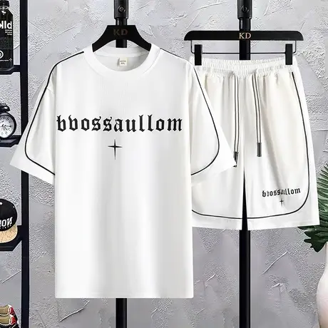 国潮短袖T恤男士华夫格休闲套装潮牌半袖体恤宽松透气冰感上衣服商品大图