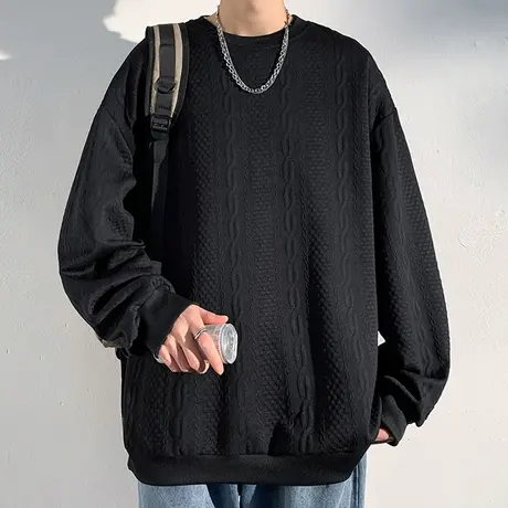 港风长袖t恤男春秋款潮牌宽松提花卫衣男黑色休闲圆领打底衫上衣商品大图