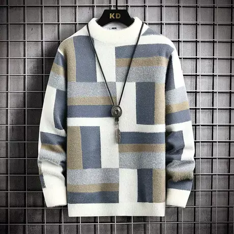 仿貂毛衣男冬季潮牌撞色半高领针织衫宽松休闲内搭毛衫青少年线衣商品大图