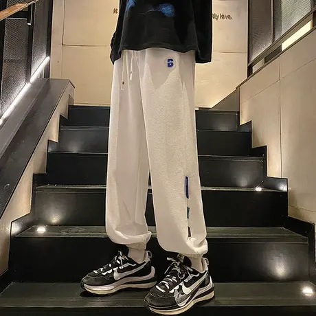 华夫格休闲裤男春秋季新款宽松束脚卫裤男士潮牌阔腿白色运动裤子商品大图