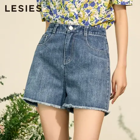 蓝色倾情 春秋季女装新款 水洗蓝色毛边花朵绣花珍珠牛仔裤短裤商品大图