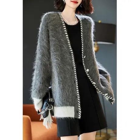 宝诗黎V领羊驼毛针织开衫女秋冬单排扣宽松外搭毛衣外套2023新款商品大图