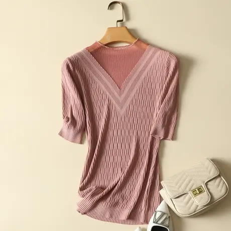 清仓！冰丝针织衫女套头短款蕾丝打底衫修身圆领上衣春夏薄款短袖商品大图