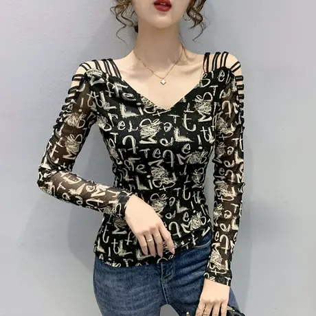 女装2024新款潮时尚印花T恤性感露肩上衣洋气紧身打底衫女长袖春商品大图