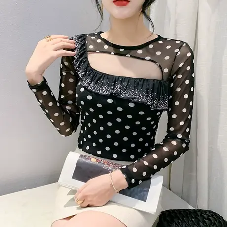 性感网纱打底衫女内搭秋装新款心机镂空上衣时尚荷叶边长袖T恤ins商品大图