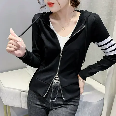 连帽卫衣女春秋2024新款韩版拉链开衫加绒外套女修身显瘦洋气上衣商品大图