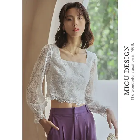 法式方领短款蕾丝上衣夏白色长袖冰丝网纱打底衫女西装内搭白衬衣图片