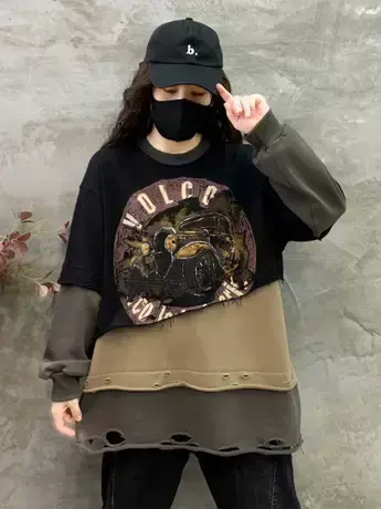 欧货气质休闲卫衣2023秋冬新款时尚百搭宽松拼接撞色破洞卫衣女潮商品大图