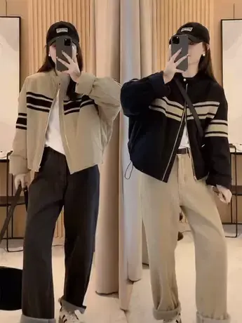 秋冬新款羽绒服爆款韩版条纹夹克外套女2023秋冬宽松时尚潮保暖女商品大图