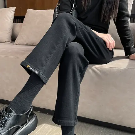加厚薄绒牛仔裤女黑色直筒裤秋冬季高腰显瘦春秋小个子九分烟管裤商品大图