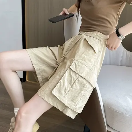 卡其色五分短裤女夏季薄款日系垂感高腰显瘦休闲运动工装中裤子潮商品大图