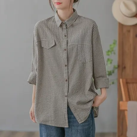 dza 复古春秋横竖条纹翻领亚麻上衣长袖衬衣女士宽松休闲亚麻衬衫商品大图