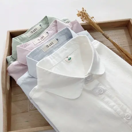 春秋款学生文艺清新娃娃领纯棉白衬衫女长袖韩版内搭百搭打底衬衣商品大图