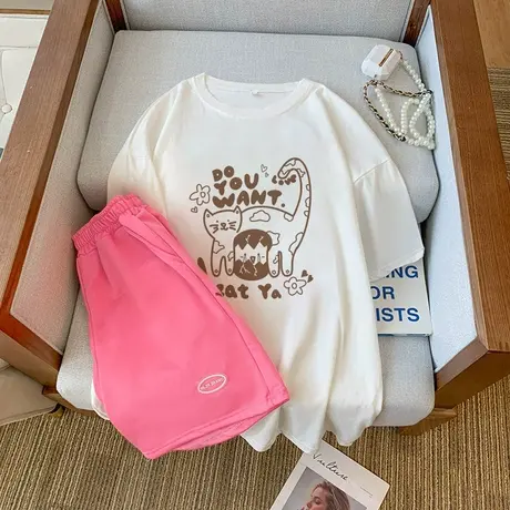 大码运动服套装女夏季宽松短袖短裤小个子休闲网红盐系炸街两件套商品大图