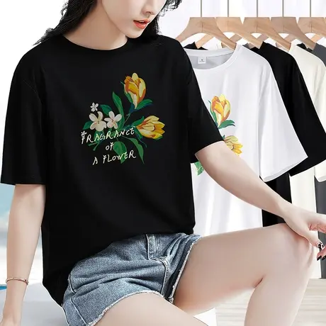 2025新款宽松t恤女夏季冰感女装印花短袖上衣夏款小圆领半袖体恤商品大图