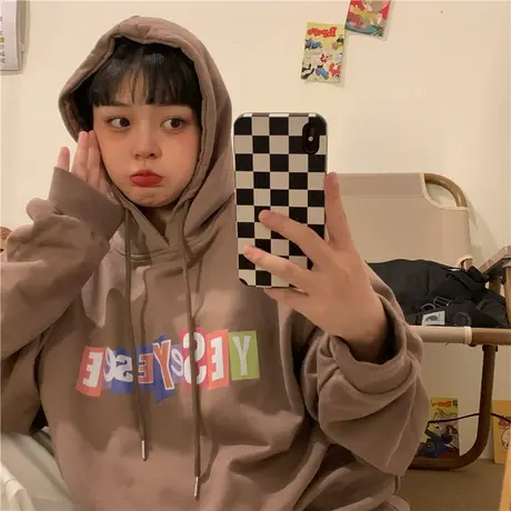 红续美式复古卡通字母连帽卫衣女2023秋装新款宽松百搭慵懒风外套图片