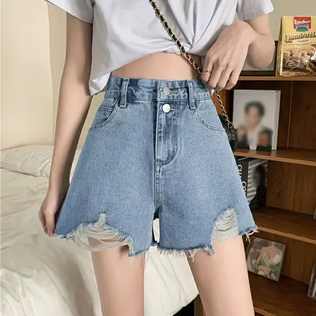 2023新款牛仔短裤学生破洞高腰宽松显瘦阔腿热裤女式女士超短裤商品大图
