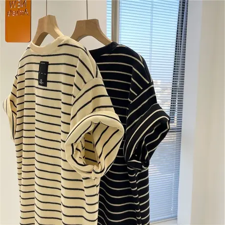 韩系大码条纹t恤短袖女纯棉百搭oversize休闲减龄ins潮情侣上衣夏商品大图