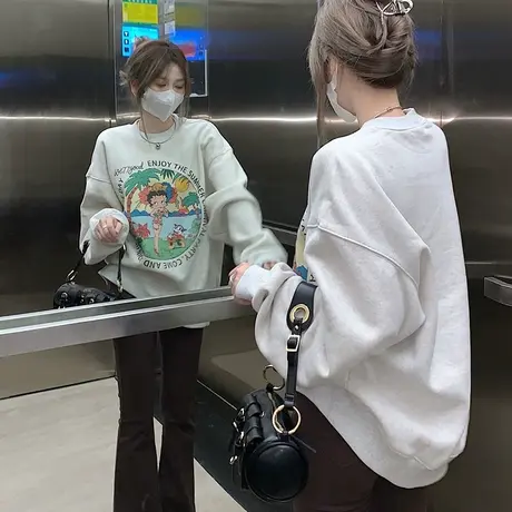 vintage高街长袖加绒卫衣女秋冬ins欧货大码卡通设计感宽松上衣潮商品大图