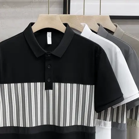 条纹撞色拼接polo衫男士短袖夏季2023新款夏装翻领t恤男潮牌潮流商品大图