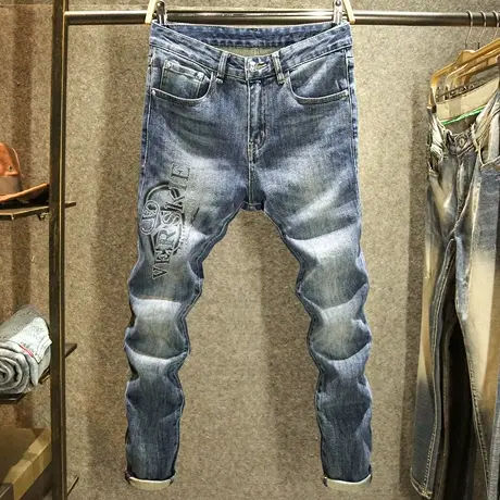 2024秋冬款男士牛仔裤高端立体烫钻潮牌裤子男韩版百搭修身小脚裤商品大图