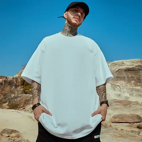 加肥加大纯色宽松T恤男士纯棉胖子白色半袖大码男装ins短袖五分袖商品大图