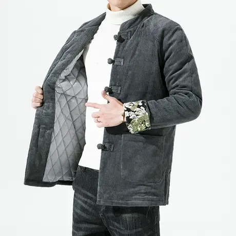 棉服男冬季加厚立领中山装保暖爸爸冬装外套中国风布扣刺绣唐装图片