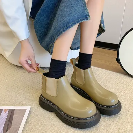 英伦短筒马丁靴女2024秋季新款网红瘦瘦增高厚底圆头切尔西短靴潮商品大图