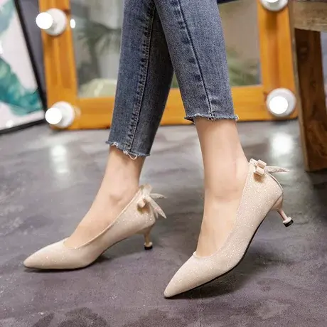 时尚高跟鞋女2023年新款尖头婚鞋女晚晚鞋蝴蝶单鞋炸街亮片晚宴鞋图片